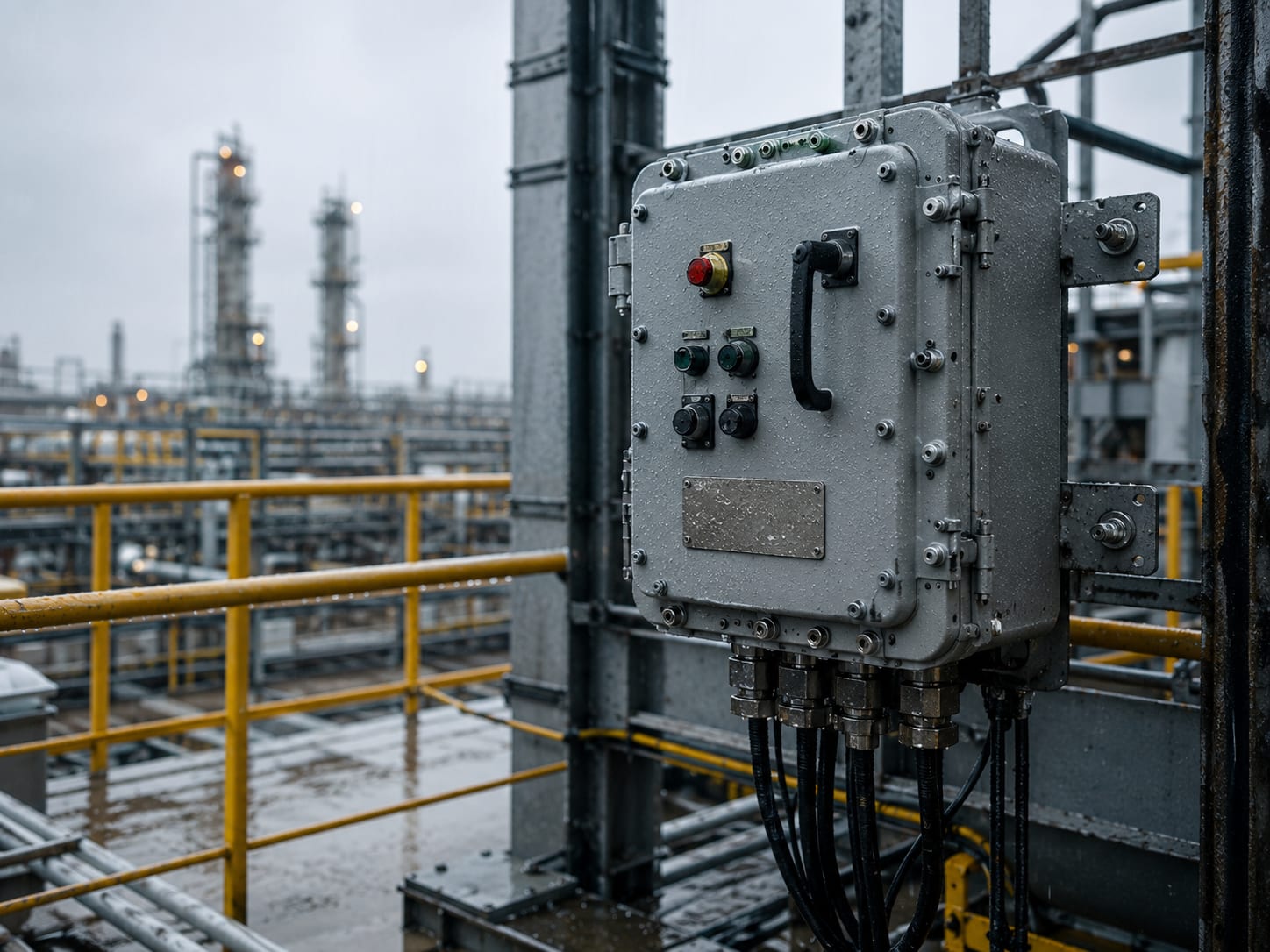Flameproof Ex-rated electrical panel in a hazardous industrial area