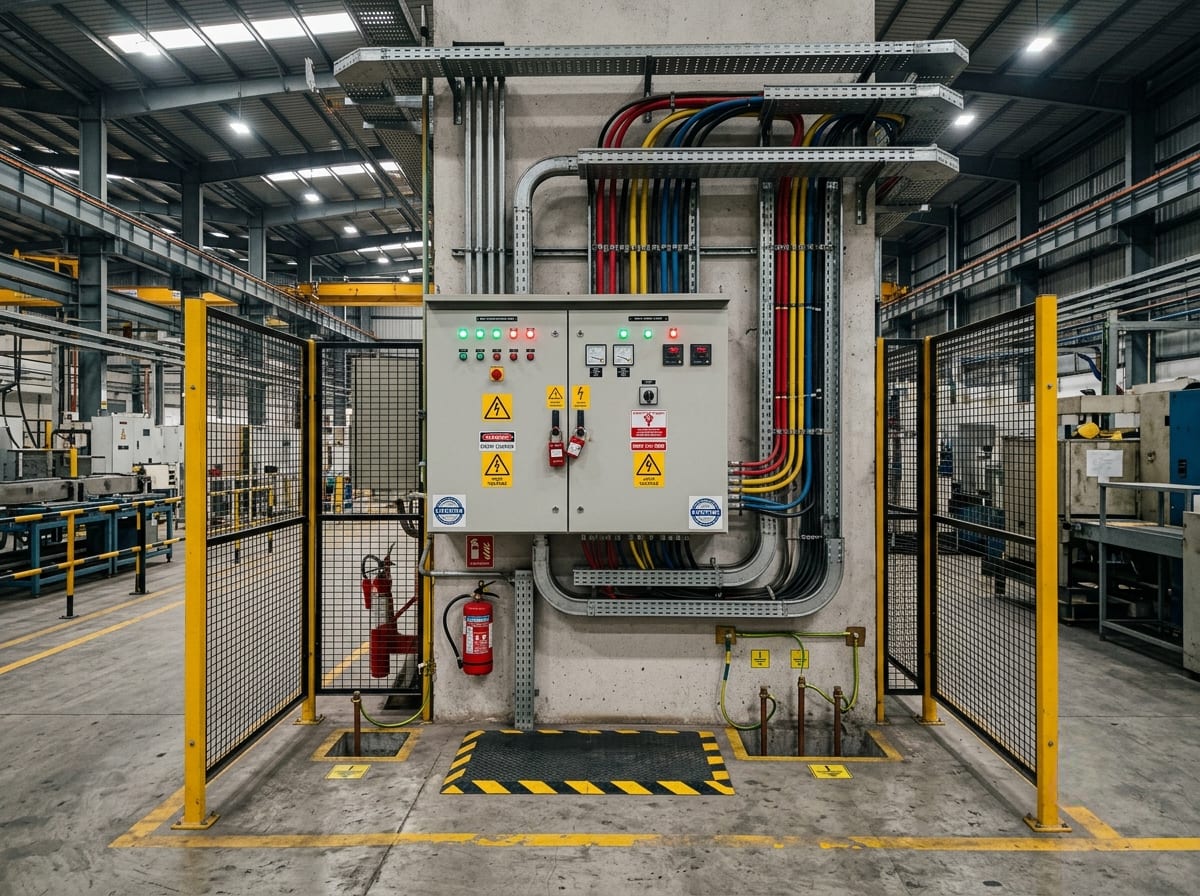 Industrial electrical panel with safety signage and fire protection