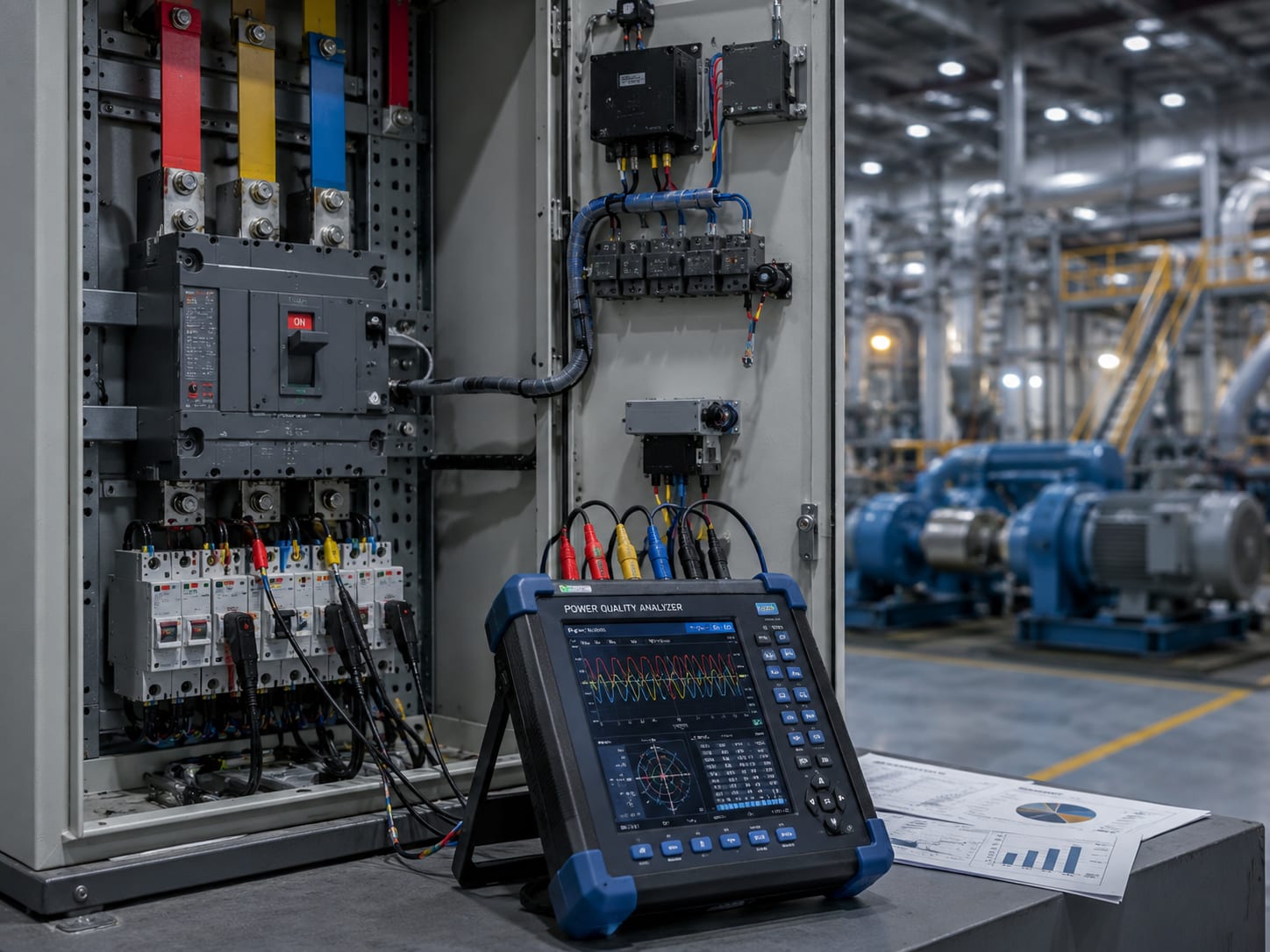 Power quality analyser connected during an electrical power quality audit