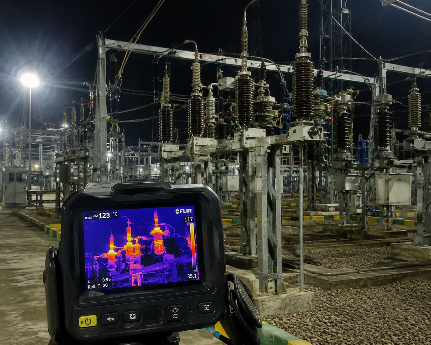 Thermal imaging camera detecting hot spots on switchyard equipment