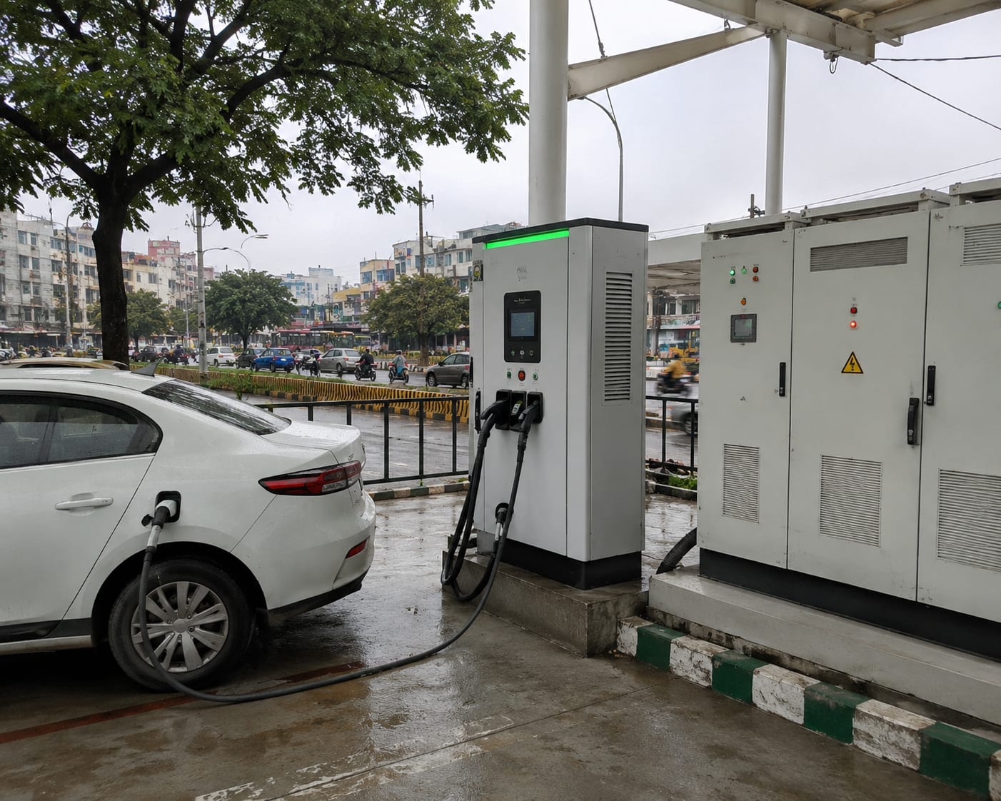 Electric vehicle at a bidirectional V2G charging station